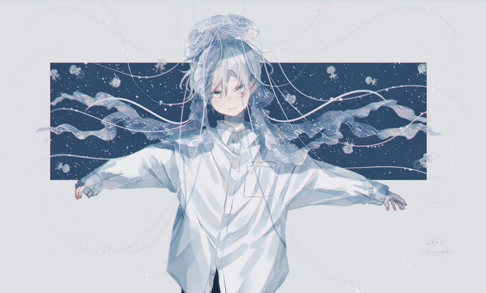 4K, anime, Rainydays, anime boys, jellyfish