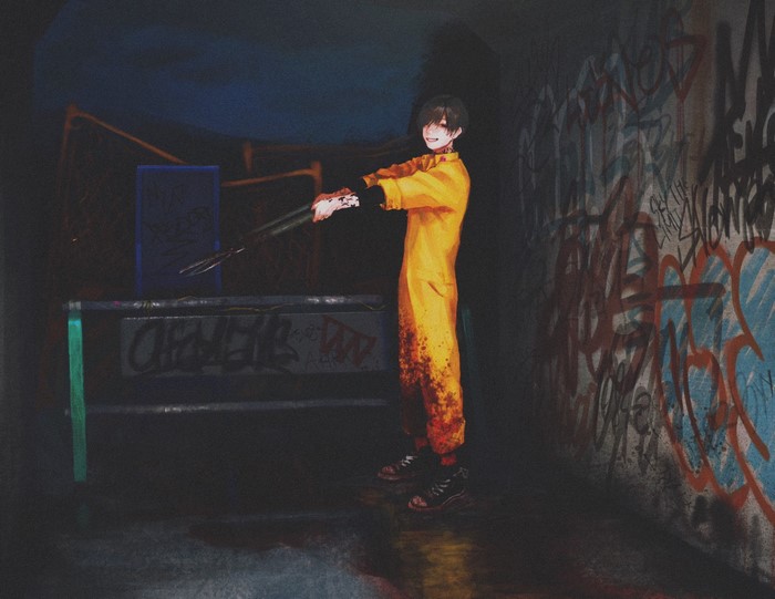 anime, graffiti, blood, looking at viewer, anime boys