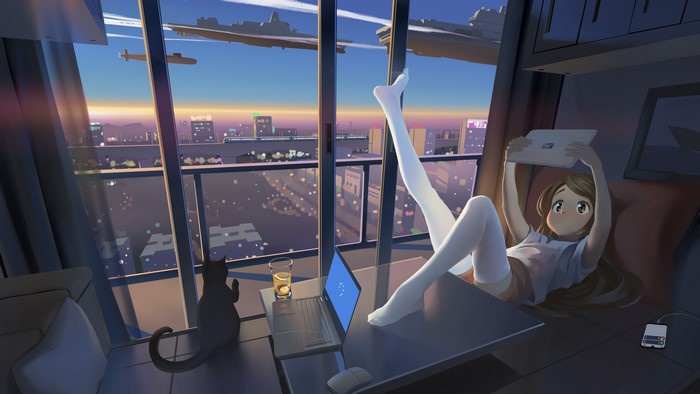anime girls, window, anime, thigh-highs