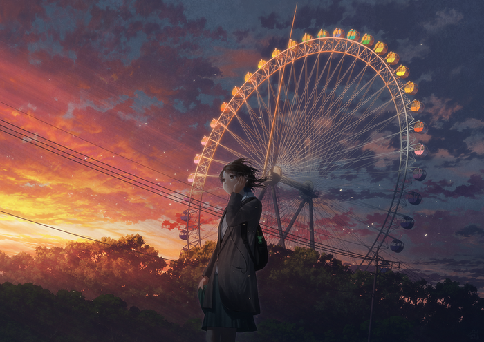Mocha, ferris wheel, moescape, anime girls, anime, clouds, sunset, sky