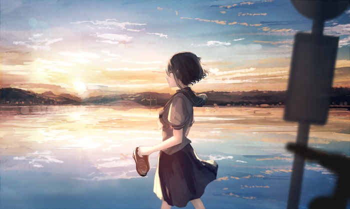 anime, mifuru, sky, anime girls, brunette, short hair, school uniform, river