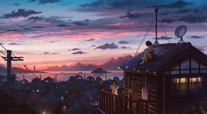 sunset, anime, sky, short hair, long hair, Sugi87, clouds, rooftops, anime girls, brunette
