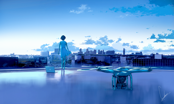 dress, short hair, anime girls, clouds, rooftops, sky, cityscape, anime, loundraw, drone