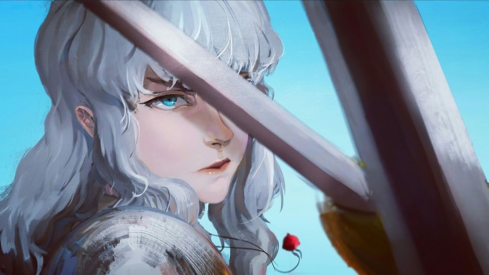 white hair, long hair, blue eyes, cyan, sword, Behelit, Berserk, Griffith