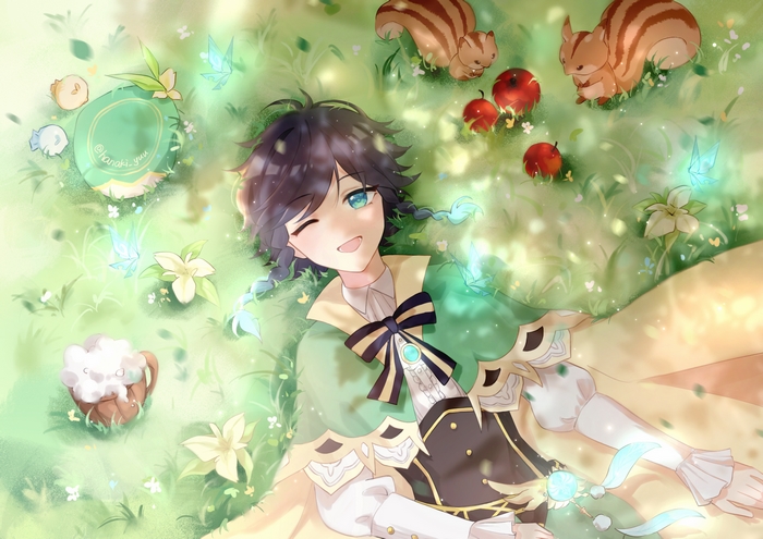 Venti Genshin Impact relaxing in the grass