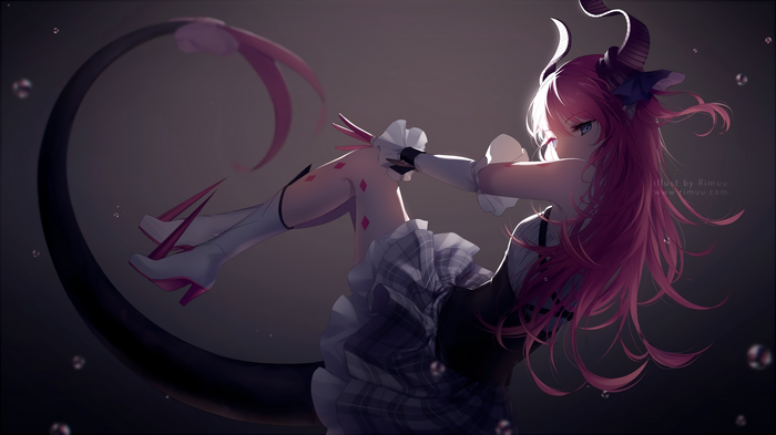 anime girls, elizabeth bathory (fate), tail, blue eyes, Fate Series, Fate/Extra, dress, pink hair, rimuu, dragon girl, horns