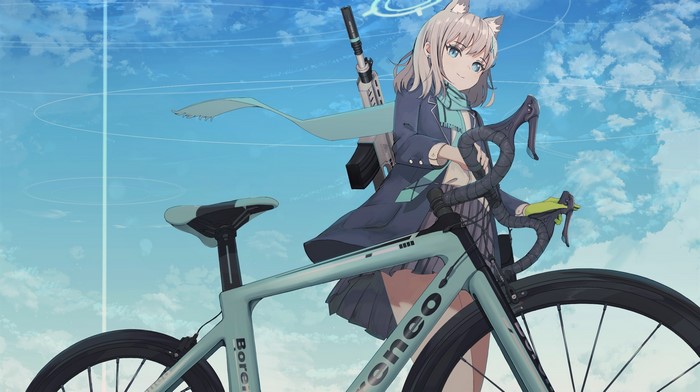 gun, animal ears, Shiroko (Blue Archive), anime, bicycle, anime girls, cat girl, blue archive