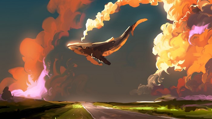 fantasy art, Dominik Mayer, flying, whale, sky, artwork