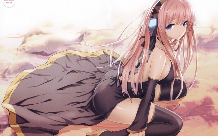 blue eyes, dress, Saitom, anime games, kneeling, Vocaloid, anime girls, Megurine Luka, pink hair, thigh-highs