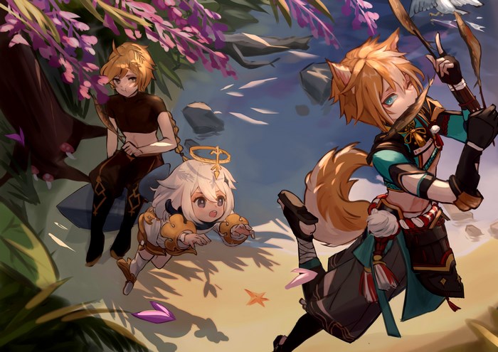 Genshin Impact: Gorou, Aether, and Paimon by the water