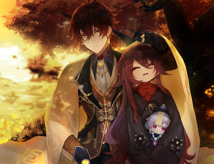 Zhongli and Hu Tao with Qiqi plush in Genshin Impact