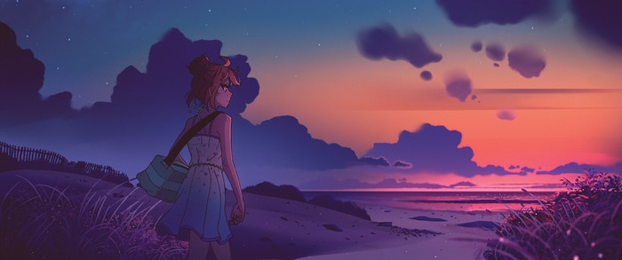 4K, clouds, sunset, SouredApple, landscape, beach, women, artwork