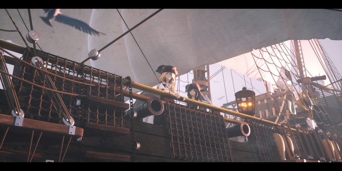4K, anime girls, tricorne, anime, cannons, rigging (ship), Bangeningmeng, sailing ship, lantern