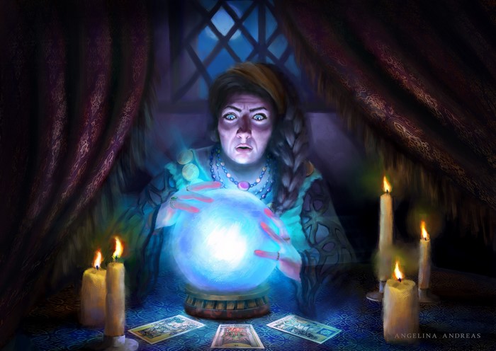candles, ArtStation, witch, open mouth, orb, artwork, digital painting, blue eyes, blue light, rings, women, drawing, cards, Angelina Andreas, digital art