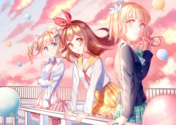 Three girls in school uniforms with balloons