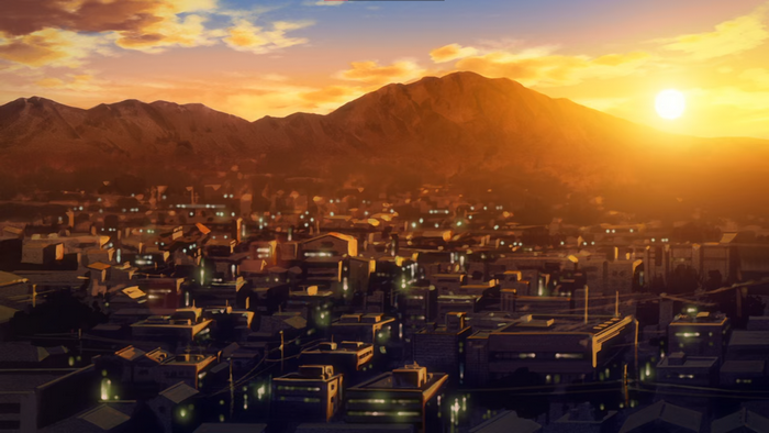 sunset, anime, orange background, warm light, warm, warm colors, city, mountain top, Ano Hi Mita Hana no Namae wo Bokutachi wa Mada Shiranai