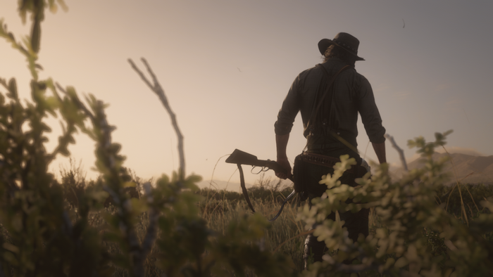 Red Dead Redemption 2, western, nature, game characters, weapon, sunset, John Marston
