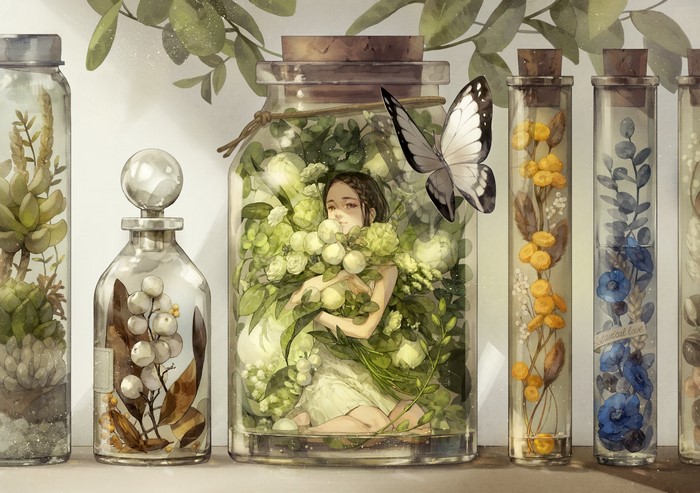 looking at viewer, flowers, jar, dark eyes, anime girls, plants, butterfly, anime, dark hair