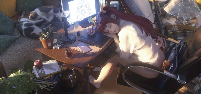 4K, indoors, drawing, iPhone, teddy bears, schoolbags, barefoot, pigtails, monitor, women, white shirt, post-it notes, anime, chair, figurines, pen, legs, cats, anime girls, books, Z-AO, desk, sleeping, women indoors, drool, plant pot, wooden floor, gun, lamp, kanji, daylight, high angle