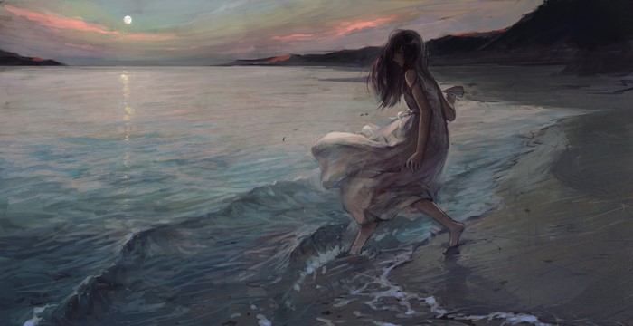 dark hair, dress, beach, tentwo, anime, sun dress, anime girls, barefoot