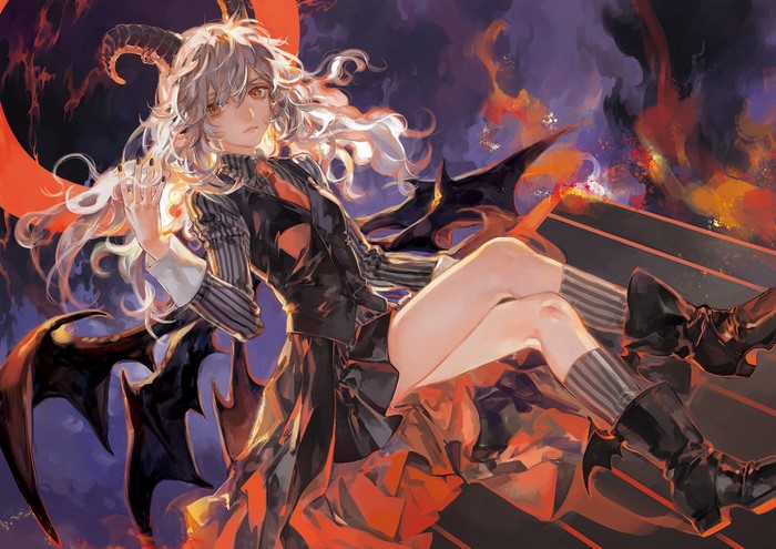 Black wings, black nails, blonde, orange eyes, long hair, anime, demon horns, anime girls, Noir (artist)