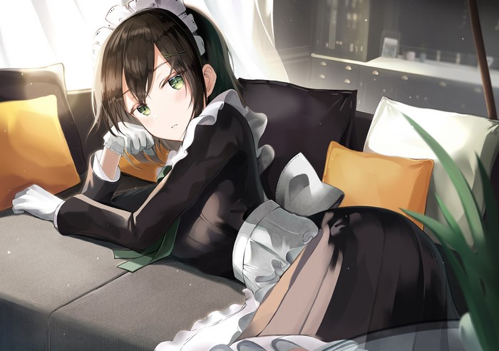 4K, apron, lying on side, black dress, couch, gloves, indoors, frills, Frill dress, ribbon, green eyes, sion (im10042m), black hair, white gloves, parted lips, pillow, long sleeves, lying down, plants, hair clip, green ribbon, blush, maid, maid outfit, short hair, hair ornament, dress, bangs, looking at viewer, headdress, pleated skirt