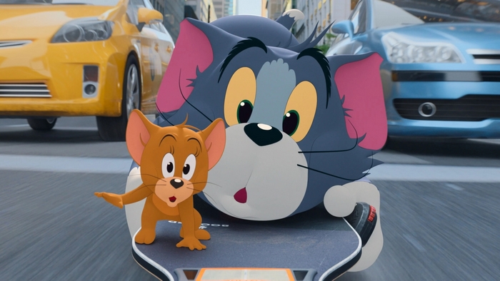 Tom and Jerry on a skateboard in the city