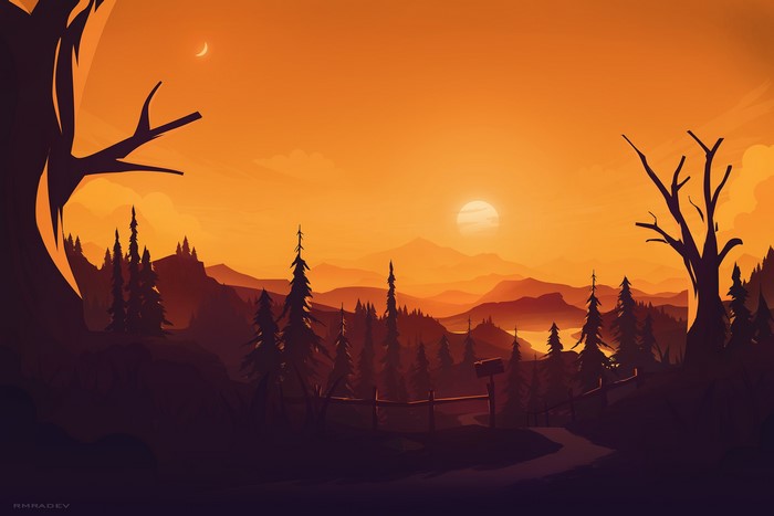 landscape, sunset, rmRadev, mountains, digital art