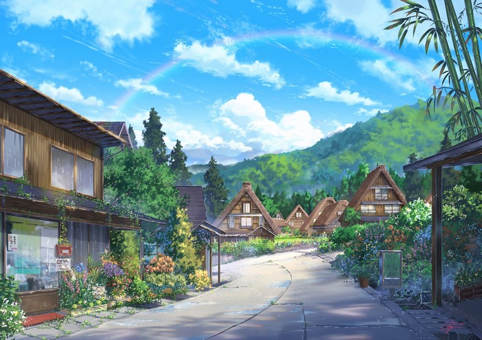 street, anime, sky, house, artwork, landscape