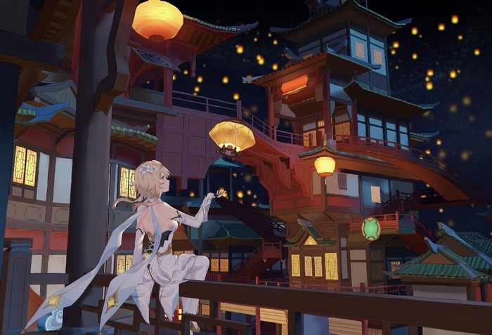 4K, lantern, Lantern Festival, no bra, Lumine (Genshin Impact), Mirei, Genshin Impact, anime girls, fantasy city, pantyhose, game characters