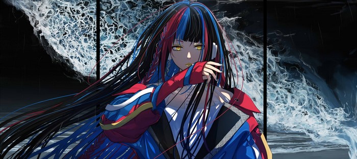 blue nails, anime girls, headphones, black hair, anime, Isshiki, jacket, multi-colored hair, long hair, yellow eyes, looking at viewer