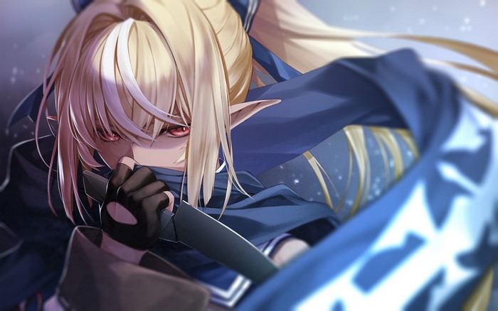 black gloves, Hololive, blonde, elves, knife, Shiranui Flare, Fenrir (artist), anime, elf ears, red eyes, scarf, anime girls, long hair, looking at viewer