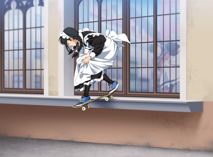skateboard, sneakers, window, anime, anime girls, black hair, maid outfit, braids, Suzushiro333