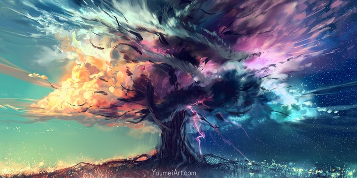 Yuumei, sky, artwork, trees, digital painting, fantasy art, clouds