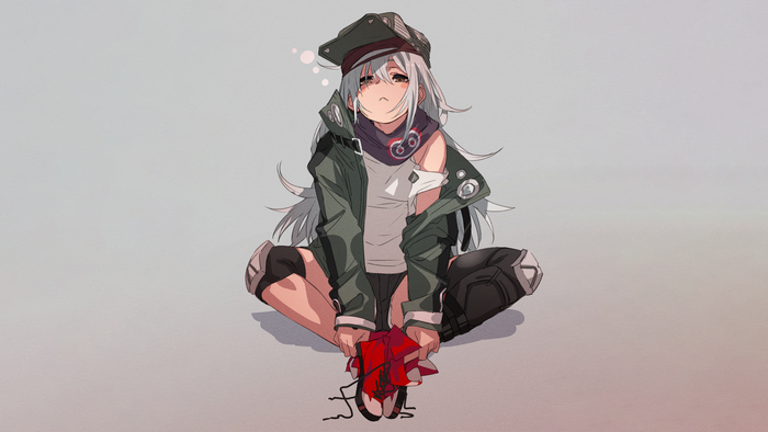 fu-ta, stockings, simple background, G11 (Girls Frontline), Girls Frontline, bandanas, short shorts, anime girls, anime, thigh-highs, sitting, black legwear, thighs, long hair