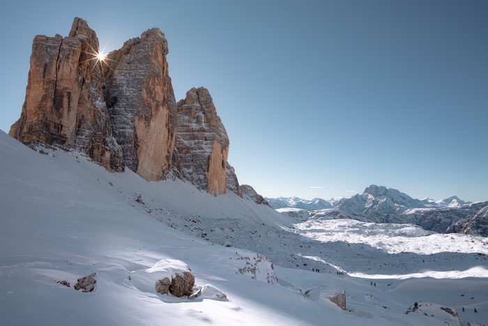 4K, snow, nature, rocks, mountains, landscape, Three Peaks of Lavaredo, sky