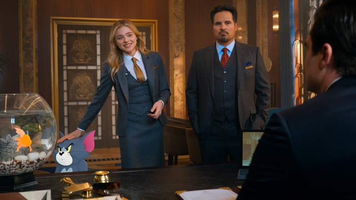 Chloë Grace Moretz and Michael Peña with Tom and Jerry
