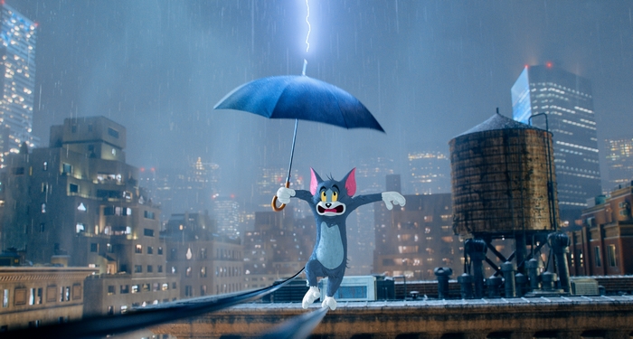 Tom and Jerry on a rooftop during a thunderstorm
