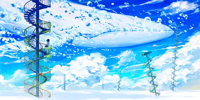 anime girls, sky, anime, yayan, whale
