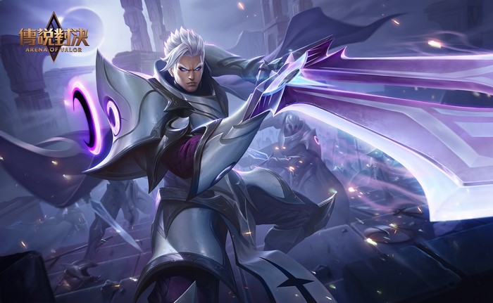 sword, warrior, men, purple, magic, fighting, drawing, Arena of Valor, blue eyes, Brasenia 1, frown, weapon, silver hair, armor