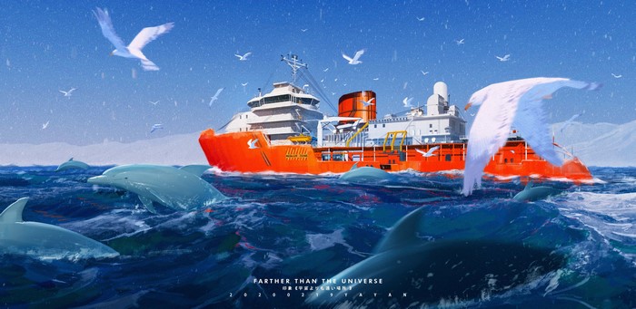 4K, sea, yayan, Sora yori mo Tooi Basho, ship, seagulls, anime, dolphin, antarctic