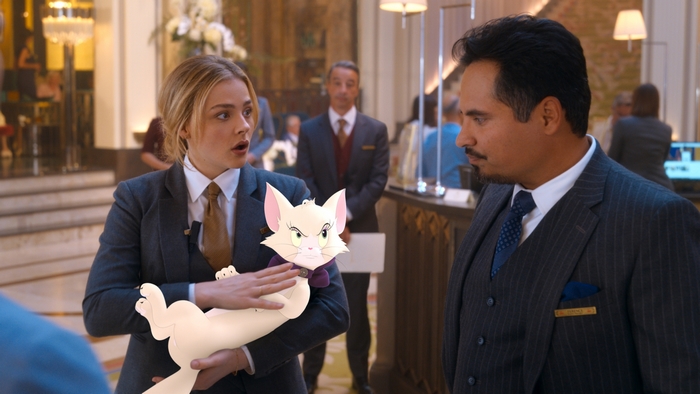 Chloë Grace Moretz and Michael Peña with Tom and Jerry