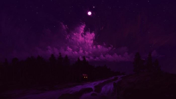 clouds, BisBiswas, digital painting, Moon, river, artwork, forest, night, landscape