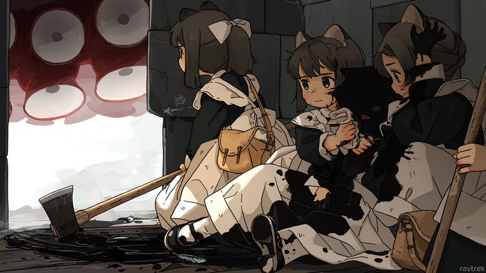 bag, anime girls, short hair, axes, maid outfit, fish, anime, octopus, cat eyes