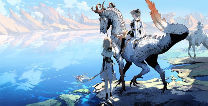 anime girls, lake, sky, flute, blonde, anime, creature, short hair, dragonflies, clouds, fantasy art, mountains
