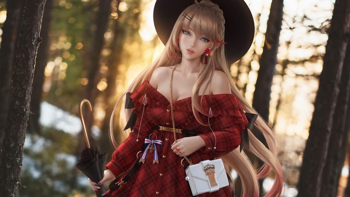 4K, portrait, snow, blonde, cleavage, dress, umbrella, depth of field, looking at viewer, Howe (Azur Lane), women with hats, forest, casual, long hair, artwork, Wickellia, hair pins, Azur Lane, bangs, trees, video games, drawing, anime girls, illustration, fan art, digital art, anime, bare shoulders, red dress, braided hair, purses