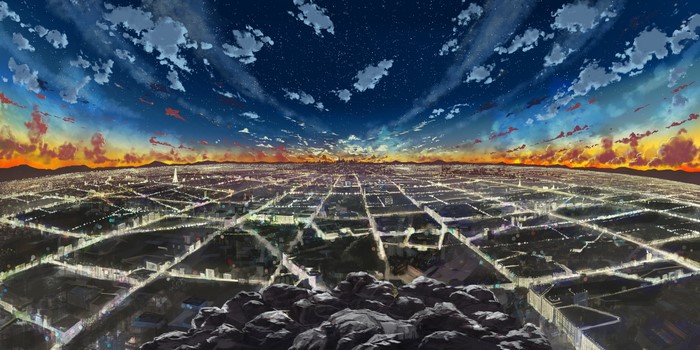 stars, city lights, rocks, anime, cityscape, sue, clouds