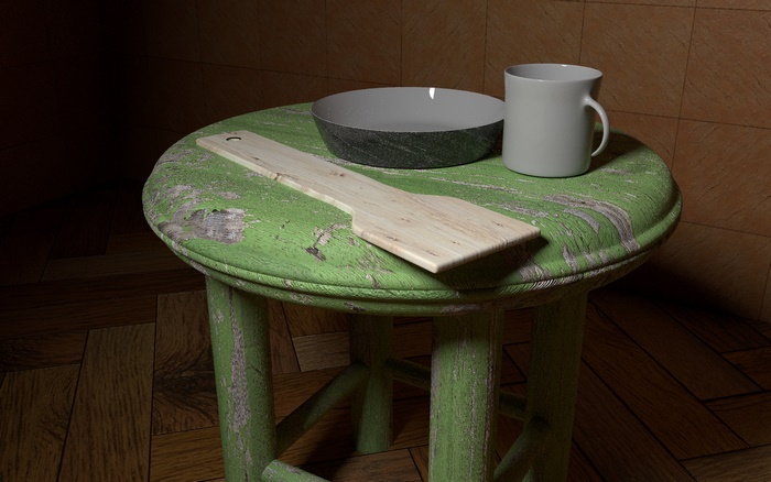 3D render of a wooden spatula and mug on a stool