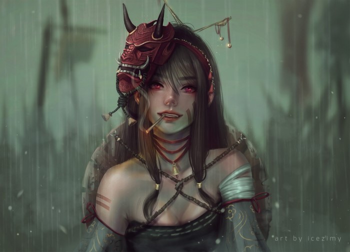 cleavage, women, smoking, artwork, mask, smiling, cigarettes, ice zimy (Artist), digital painting, portrait, drawing, ArtStation, digital art, brunette, looking at viewer, rain