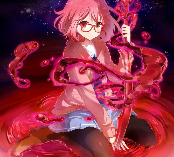 Kyoukai no Kanata, anime, hand between legs, Kuriyama Mirai, anime girls, Kagura Kurosaki, glasses